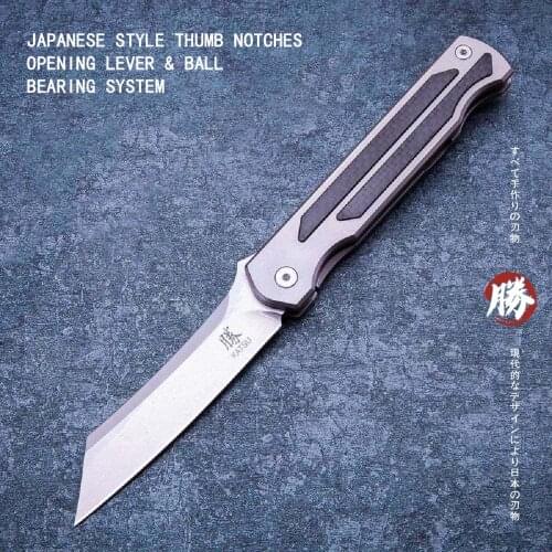 KATSU Pocket Knife Camping Folding Japanese Knives Titanium & Carbon Fiber Handle Razor Blade With Frame Lock