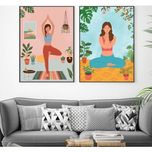 Woman Meditates Art Canvas Painting,Namaste Wall Art Pictures,Plants and Yoga Poster,Modern Home Decor