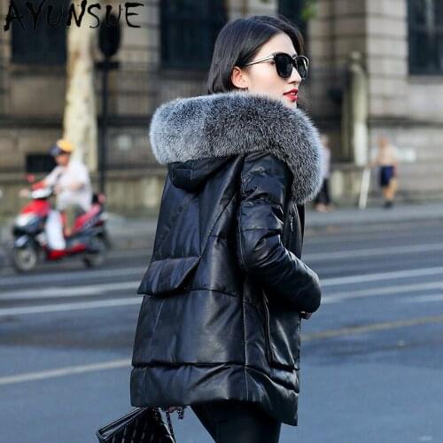 AYUNSUE Winter Down Jacket Women 100% Sheepskin Coat Motorcycle Real Leather Jackets Women Fox Fur Collar Clothes Abrigo Mujer