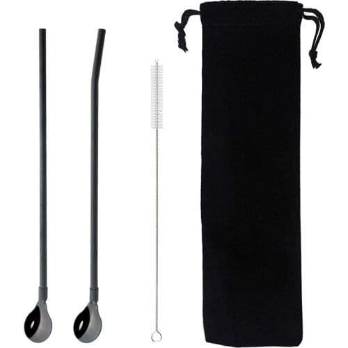 4Pcs Black Straw Spoon Metal Stainless Steel Straw Reusable Milk Drinking Straw Spoon with Cleaner Brush Bar Stirring Accessory