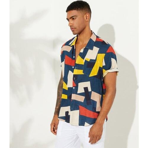 Summer Loose Cotton Mens Shirts Sandy Beach Casual Short Sleeve Top Lapel Geometric Graffiti Blouse Thin Beach Clothing