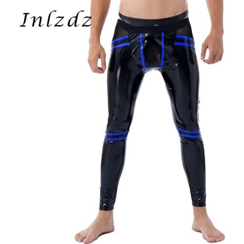 Mens Lingerie Latex Long Pants Open Back Striped Patent Leather Sexy Leggings Clubwear Elastic Waistband Skinny Trousers