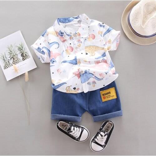 Toddler Kids Baby Boys Sets Cartoon Dinosaur Balloon Printing Pattern Gentleman Shirt Tops+letter Denim Shorts Outfit