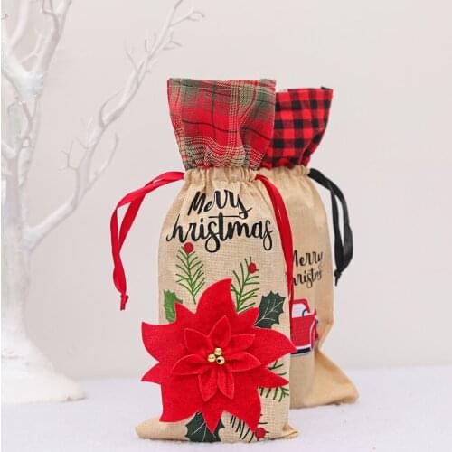 Christmas decoration safflower linen wine bottle bag red wine bottle cover lattice linen wine bottle bag car red wine cover
