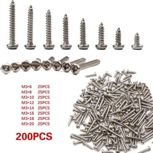 200Pcs 304 Stainless Steel Pan Head Self Tapping Screw Round Head Phillips Truss Mushroom Screws Kit M3*6/8/10/12/14/16/18/20