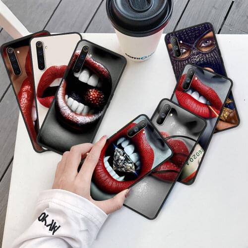 Silicone Phone Case For Realme C3 6 7 Pro 5 XT X50 C15 C21 GT Neo 8 C25 C11 Black Edge Soft Cover Funda Sexy Red lips Hot Girl