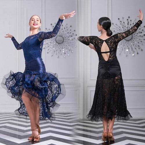 Modern Ballroom Dance Clothes Women Backless Lace Dress Tango Dance Wear Prom Waltz Performance Costume Adult Long Dress VDB3247