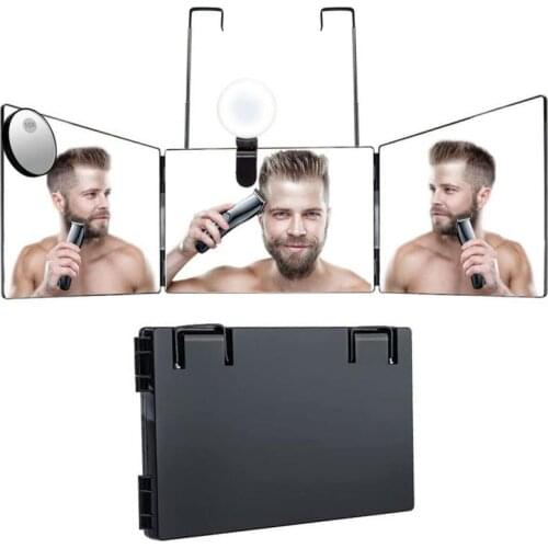 3Way Mirror Adjustable with fill light magnifying glass hair cutting styling Trifold DIY haircut Telescopic hanging makeup mirro