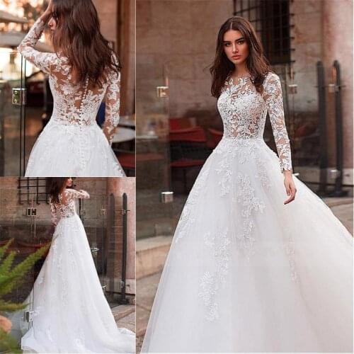 Tulle A-line Long Wedding Dress Lace Appliques Long Sleeve Bridal Dresses Jewel Neckline See-through Bodice New