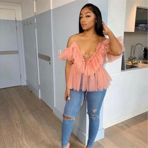 L M S Vintage Ruffle Summer Women Shirt Off Shoulder Sexy Peplum Top Female Mesh Backless Feminine Blouse Blusas