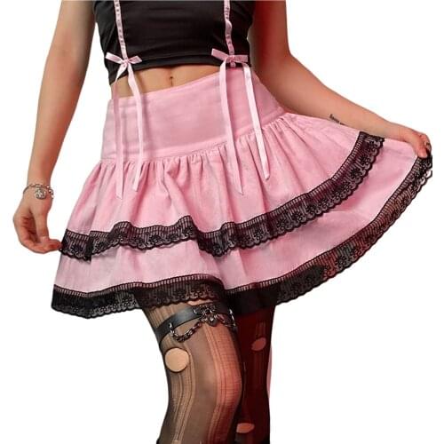 Womens Sexy Contrast Color Skirt High Waist Two Layer Short Dress Casual Pleated Lace Decoration Clothing