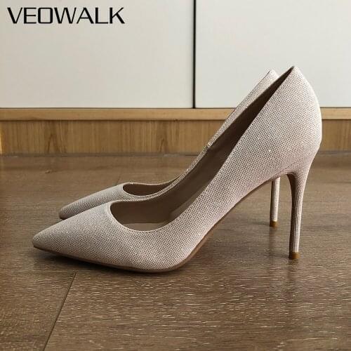 Veowalk Glitter White Grid Women Pointy Toe Stiletto Pumps Elegant Ladies Wedding Party Shoes 8cm 10cm 12cm High Thin Heels