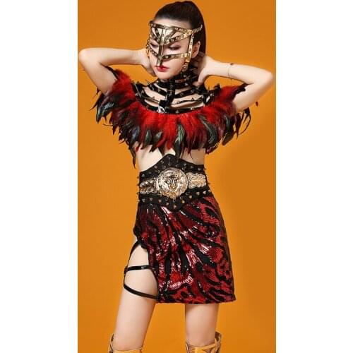 Z26 Red Sequin women dresses ballroom dancer costumes dj feather outfit clothe catwalk performance show skirt bar bodysuit wears