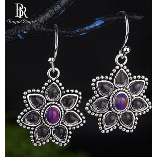 Bague Ringen Elegant Amethyst Earrings for Women Vintage Thai Silver 925 Jewelry Purple Flower Ear drops Blossom Dating gift