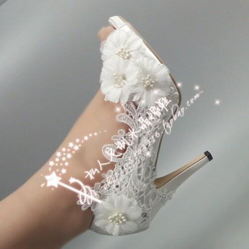 Fish mouth flower silk satin lace wedding shoes pearl crystal bride wedding photo diamond ultra high heel waterproof platform