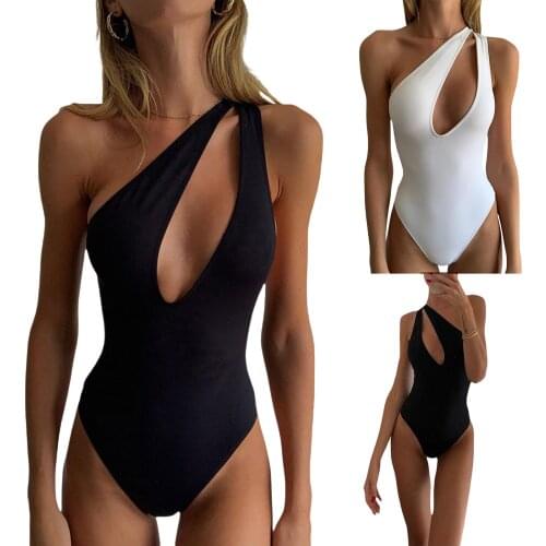 Women Bodysuit One Shoulder with Hollow Sexy Chest Solid Color High Waist Version Summer Clothing