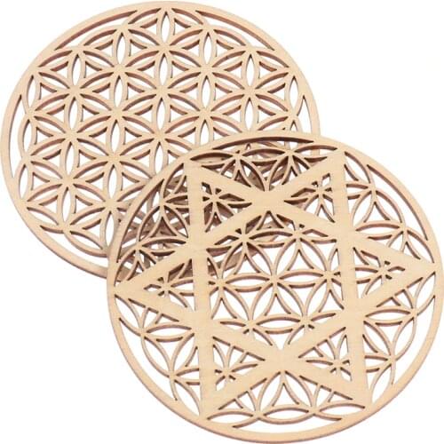 1PC Creative Chakra Chakra Pattern Coaster Wood Flower of life Natural Symbol Round Edge Coaster For Stone Crystal Set DIY Deco