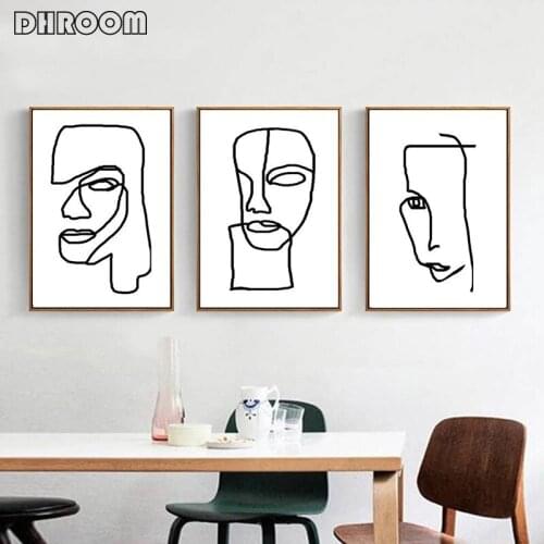 Abstract Modern Minimalist Line Wall Art Set of 3 Prints Face Canvas Painting Black White Matisse Inspired Poster Office Decor
