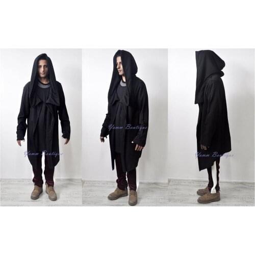 Assassins Creed Mens Oversized Hood Cardigan Long Sleeve / Raw Edges Cloak Hooded Rope Long Asymmetric Coat Jacket