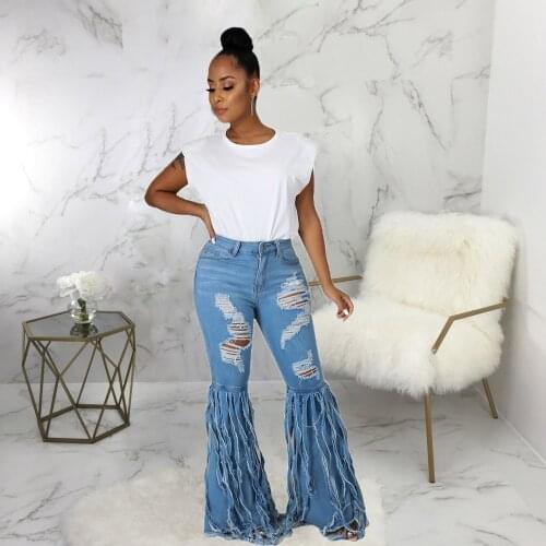 Tassels Hollow Patchwork Flare Bell Bottom Pant Women High Waist Elastic Hight Denim Pant Young Style Female Skinny Trousers