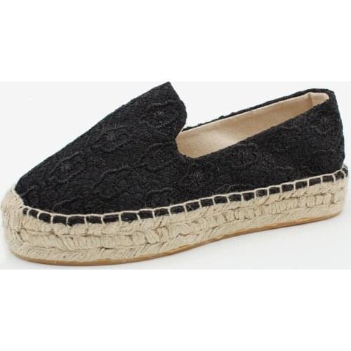 Women Fashion Handmade Lace Espadrilles Slip on Casual Canvas Loafers Ladies Flat platform Shoes