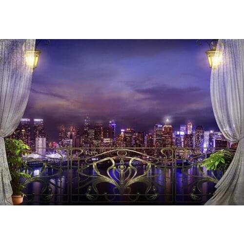 Night View Photography Background Metal Fence White Curtain Buildings With Lights Backdrop For Wedding Party Photo Booth Props