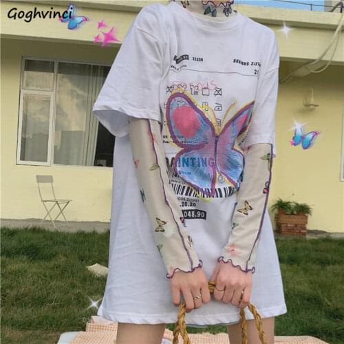 T-shirts Women Summer Korean Harajuku Print Loose Leisure Oversize High Street Crimping Mesh Hip-hop Female Tops Hipster Tees