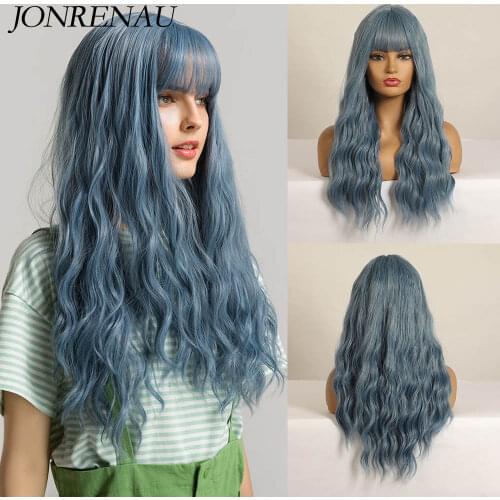 JONRENAU Long Wavy Blue Synthetic Wigs with Bang for Women Party Daily Use Cosplay Curly Wig Natural Wave Hair
