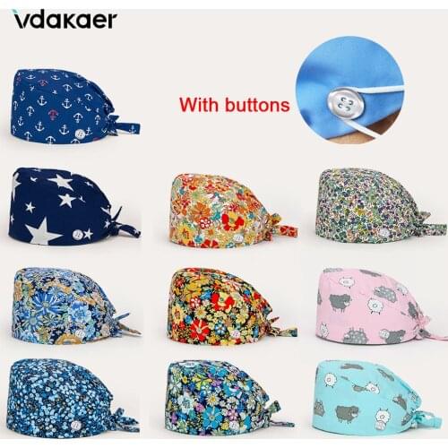 Printed Cap lab work Hats Unisex Beauty Salon Caps Pet beauty salon Scrub Hats cotton cartoon adjustable dust cap With buttons
