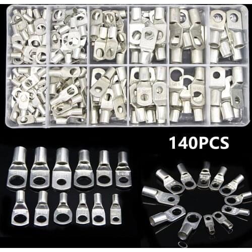 140Pcs SC Bare Tinned Copper Lug Terminals Ring Seal Wire Connectors Bare Cable Crimped/Soldered Terminal Kit Assortment