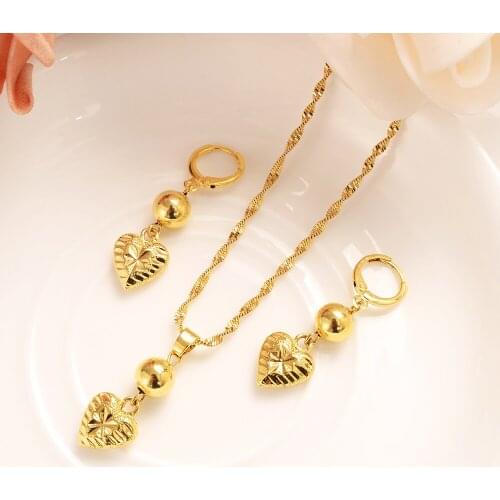 Heart Jewelry sets Classical Necklaces Earrings Set 9 K Solid Fine G/F Gold Arab/Africa Wedding Brides Dowry women girls