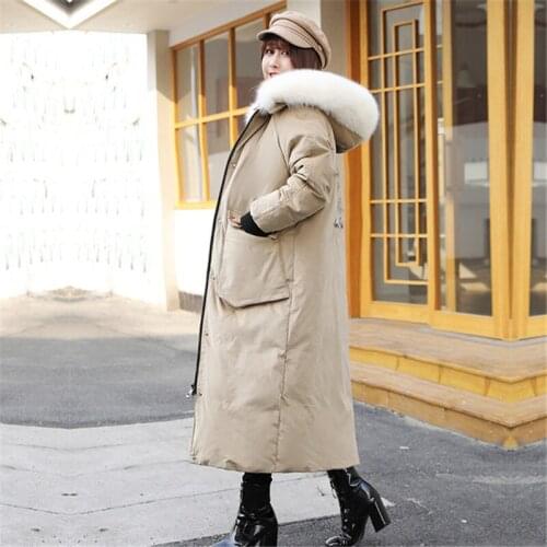 NEW Oversize X-long Winter Down Jacket Women embroidery White duck down Parka Fur collar Hooded Warm Coat Plus size XL-6XL KW130