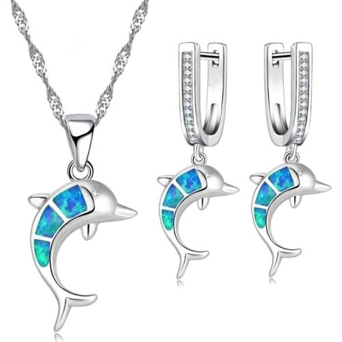 Cute Dolphin Design Blue Imitation Fire Opal Zircon Necklace With Earrings Jewelry Set For Women Accessories Fashion Lover Gift