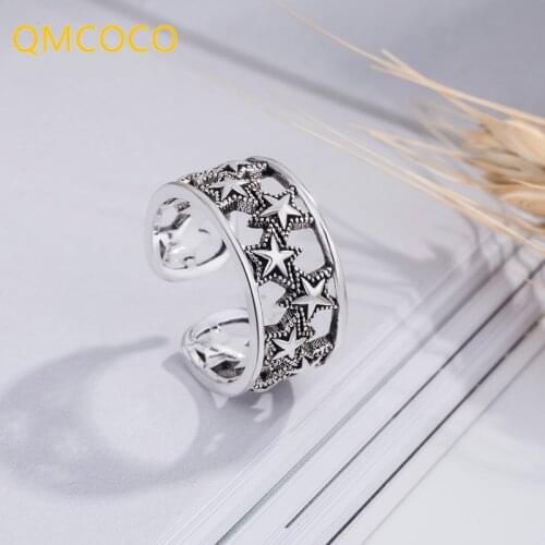 QMCOCO Vintage Personality Hollow Out Round Star Open Adjustable Thai Silver Ring For Women 925 Sterling Silver Jewelry