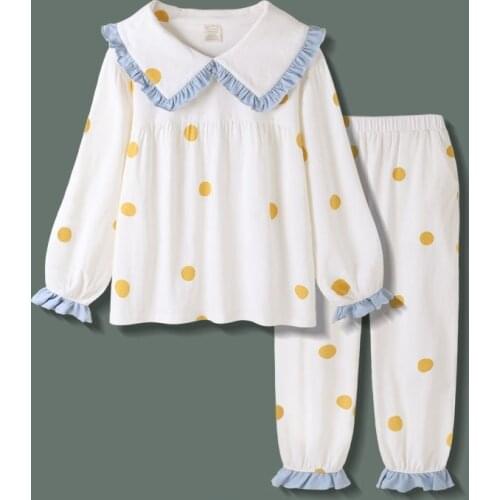 QWEEK Kawaii Pajama Womens Two Piece Sets Polka Dots Ruffles Pijamas Navy Collar Sleepwear Loungewear Spring Autumn Pyjamas