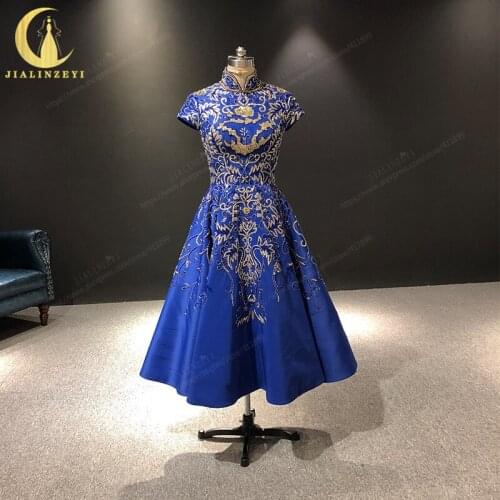 JIALINZEYI Real Image Luxurious Luxurious Short Sleeves Royal Blue Gold Beads Ankle Length Formal Dresses Evening Dresses 2021