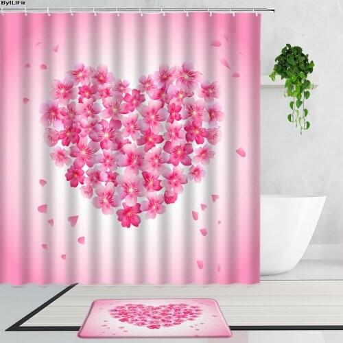 Pink Sakura Love Bathroom Shower Curtains Set Romantic Flowers Girl Bathtub Decor Gift Bath Curtain Anti-Slip Carpet Door Mats