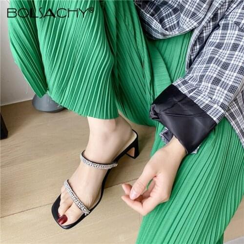 New Women Sandals Microfiber Leather Women Sexy Rhinestone Square toe High Heels Summer Flip-Flop Sandals Pumps Shoes Size 33-43