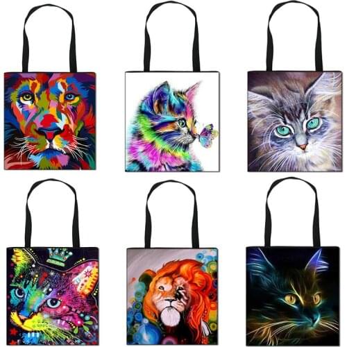 Oil Painting Color Cat Print Tote Bag Girl Large-capacity Shoulder Bag Lion Shape Fashion Handbag Green Shopping Bag
