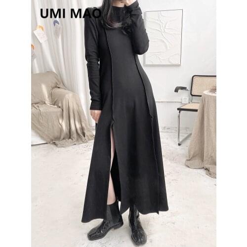 UMI MAO Yamamotos Dark Waist Is Thinner And Split-type Design Half High Collar Maxi Dress Women 2021 Spring Womens Black Niche
