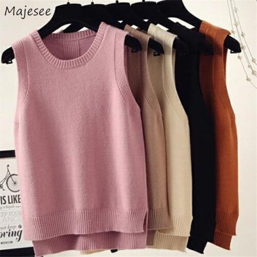 Sweater Vest Women Solid Harajuku Knitting O-Neck Colors Loose Korean Style Sleeveless Office Lady Daily All-match Popular Tops