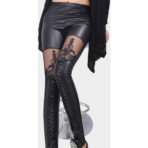 Brand new leather leggings Personalized Lace stitching ribbon lady 9 pants different unique Punk fashion leather pants