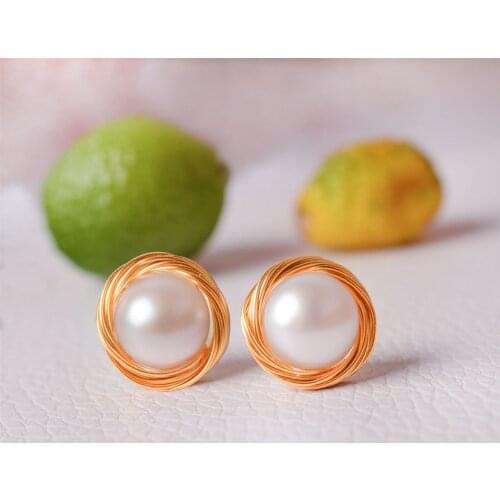 Pink Pearl Earstuds 14K Gold Filled Coiling Earrings for Women and Girls 8-9mm White Purple Korea Silver Pin