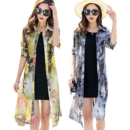 TingYiLi Summer Cardigan Women Chiffon Floral Print Boho Long Shirt Korean Elegant Ladies Long Cardigan