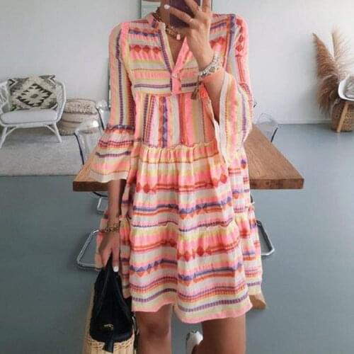 2021 Autumn Geometric Print A-Line Party Dress New Spring V Neck Button Office Lady Dress Women 3/4 Flare Sleeve Boho Mini Dress