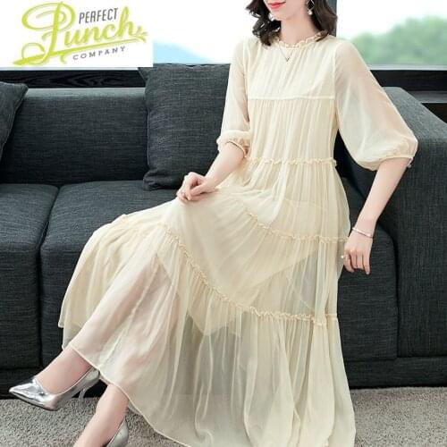 Spring 100% Real Silk Summer Long Dress Female Beach Pleated Dresses for Women Vestidos De Fiesta D208004 KJ5679