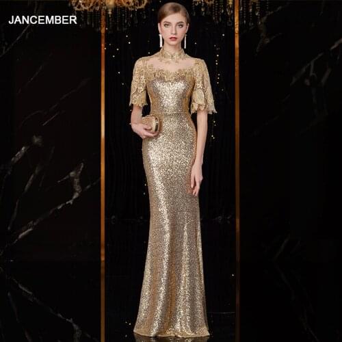 J1825 jancember evening dress plus size high neck half sleeve sequin vestidos de graduaction largos 2019 in Prom Dresses плаття