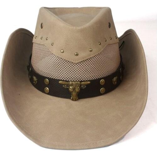 100% Leather Men Women Mesh Western Cowboy Hat Wide Brim Hat Outdoor Sombrero Hombre Cowgirl Hat Bull Ribbon