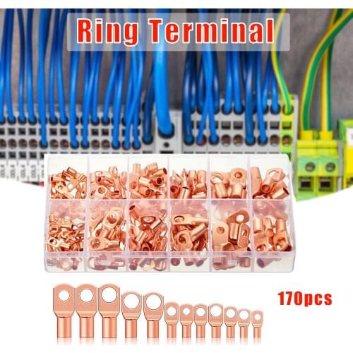 170 Pcs Copper Battery Cable Ends 12 Sizes Battery Wire Lugs Eyelets Tubular Ring Terminal Connectors Auto Supplies Клеммы