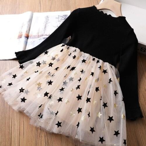 2 Colors Casual Long Sleeve Girls Dress Cute Star Sequin Stitching Mesh Princess Dresses Spring Autumn Thin Section Kids Clothes